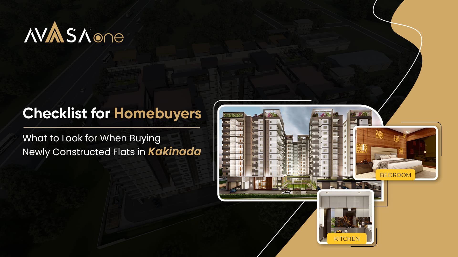 Detailed home-buying checklist document overlaying a model apartment interior at Avaasa One, representing key considerations for flats and apartments for sale in Kakinada
